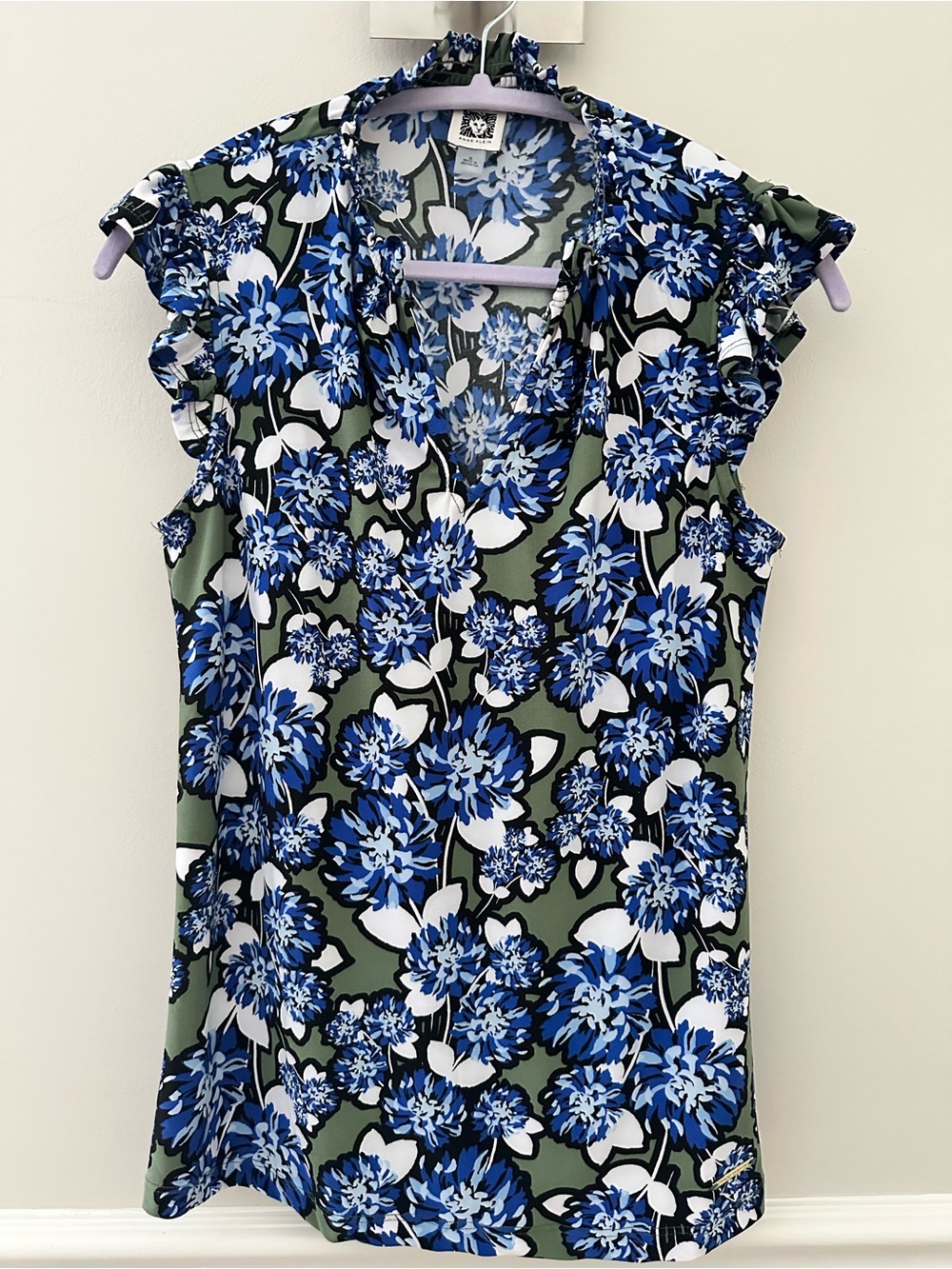 Anne Klein Blue and Olive Floral Ruffle Sleeve Top Small